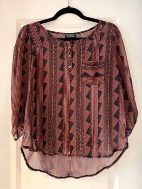Orange and Navy Geometric Sheer Button Blouse